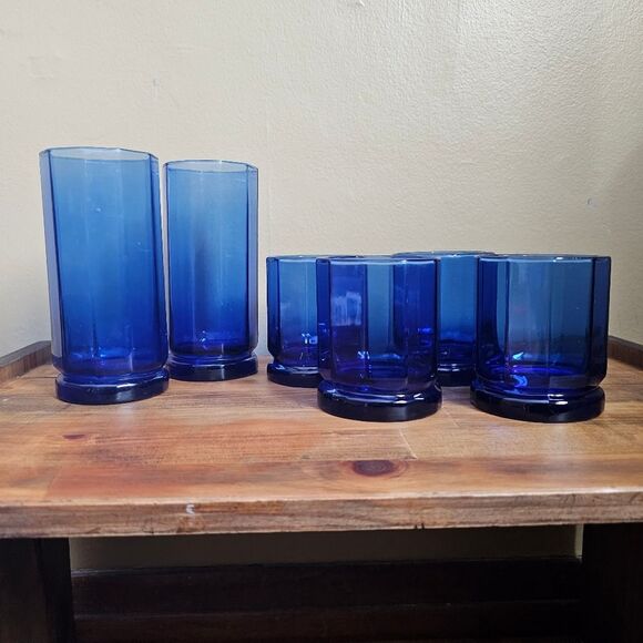 Anchor Hocking Cobalt Blue Drinking Glass Vessels - 2 Tall 4 Short (Lot of 6) - Picture 3 of 7